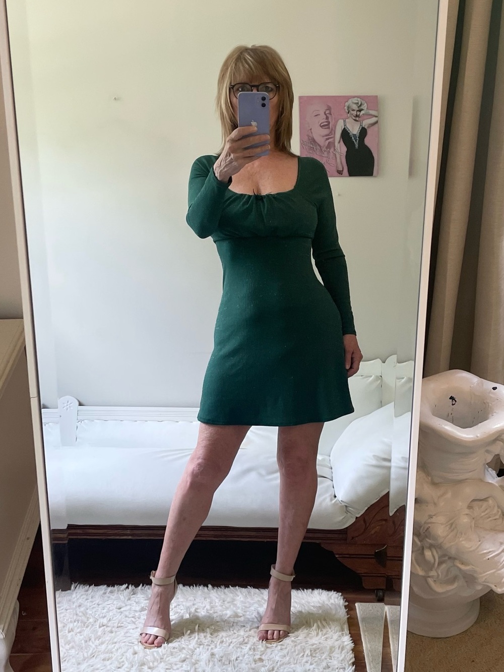 LILY ROSE LONG SLEEVE GREEN MILKMAID SLIP DRESS SILVER METALLIC THREADS STRETCH
